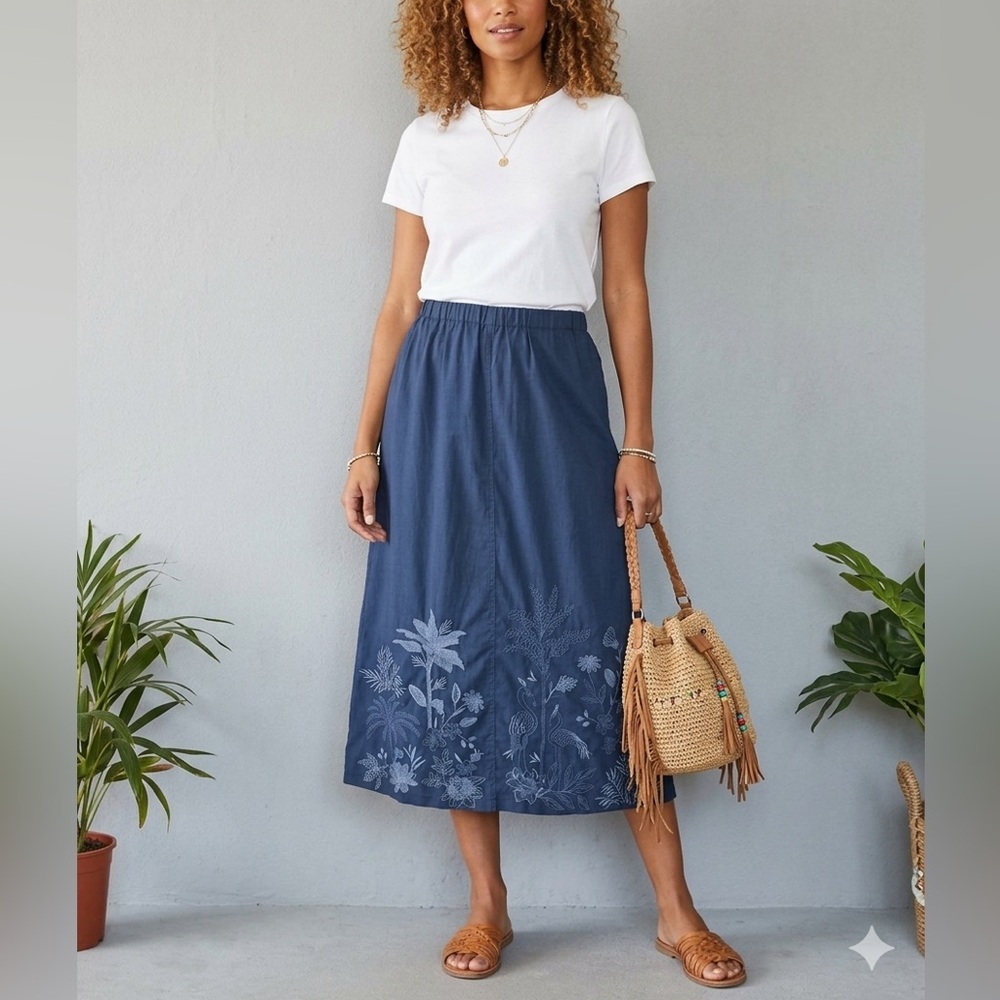 Johnny Was Blue Embroidered A-Line Skirt Birds Botanical Elastic Waist Small